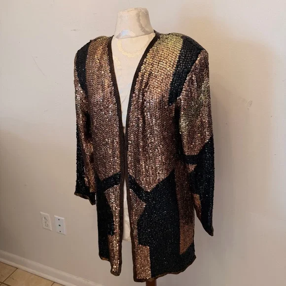 VTG Rina Z 100% Silk Sequin Jacket Bronze Black Geometric M - Picture 3 of 8